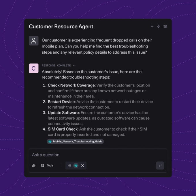 User interface for a “Customer Resource Agent” showing a support query about frequent dropped mobile calls and a generated response listing troubleshooting steps such as checking coverage, restarting the device, updating software, and inspecting the SIM card.