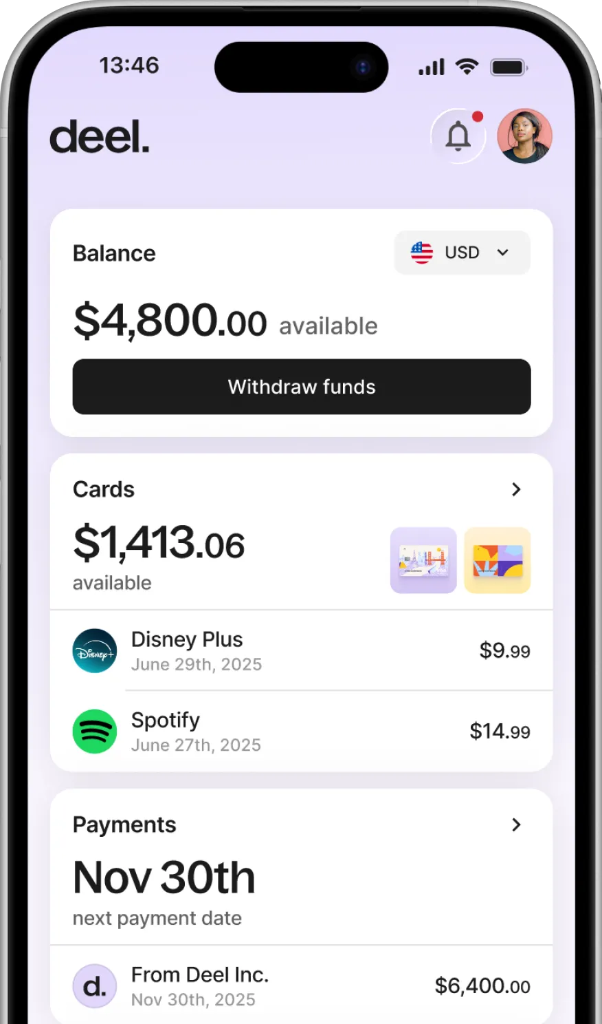 A smartphone displaying the Deel mobile app interface, showing a user's balance of $4,800.00, recent card transactions for Disney Plus and Spotify, and an upcoming payment date of November 30th.